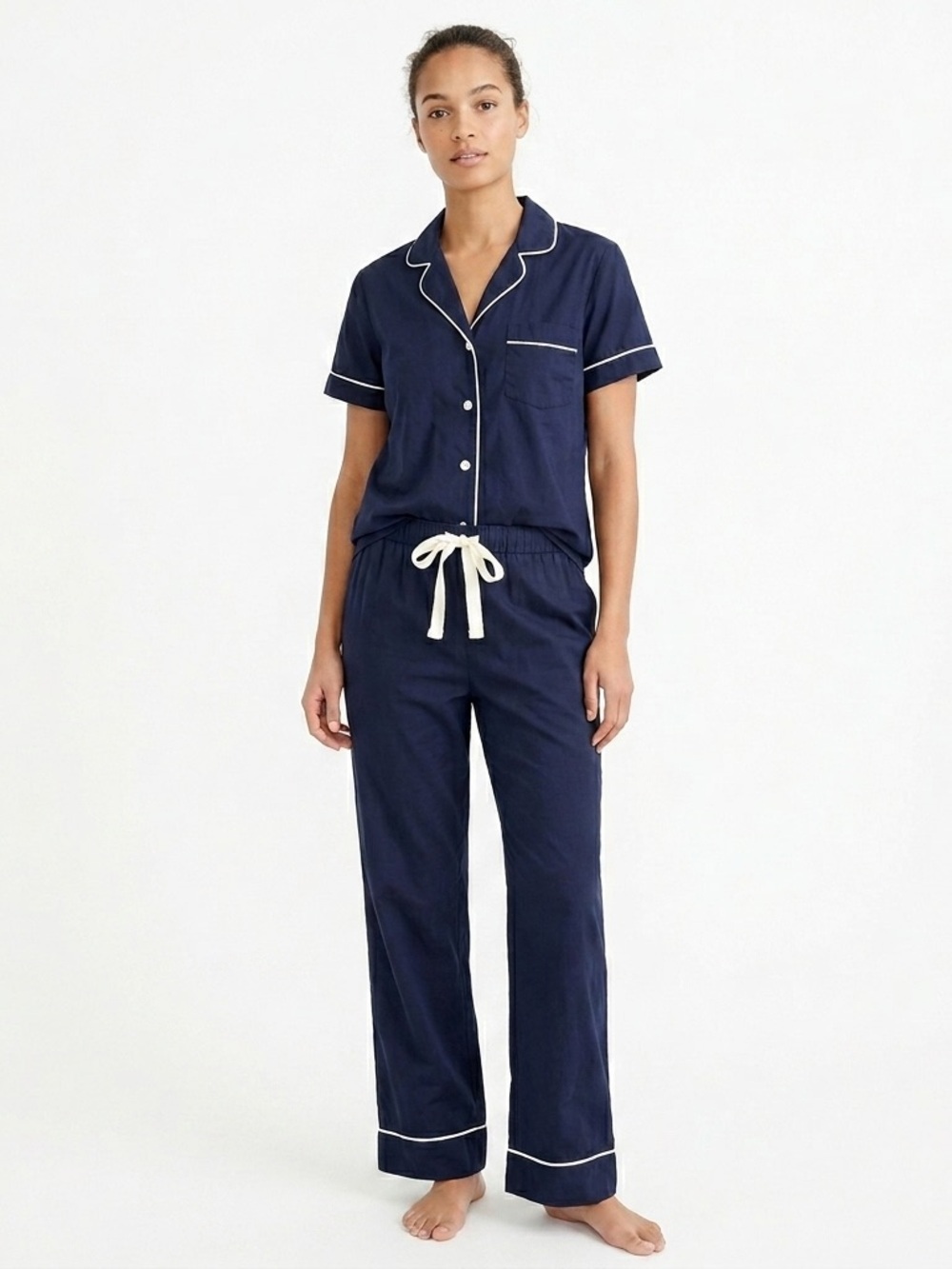 J.Crew Navy Cotton Pajama Set - Short Sleeve Top & Full Length Pants - Size S